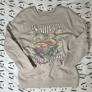Beige Graphic Sweatshirt with Mushroom and Flower Design